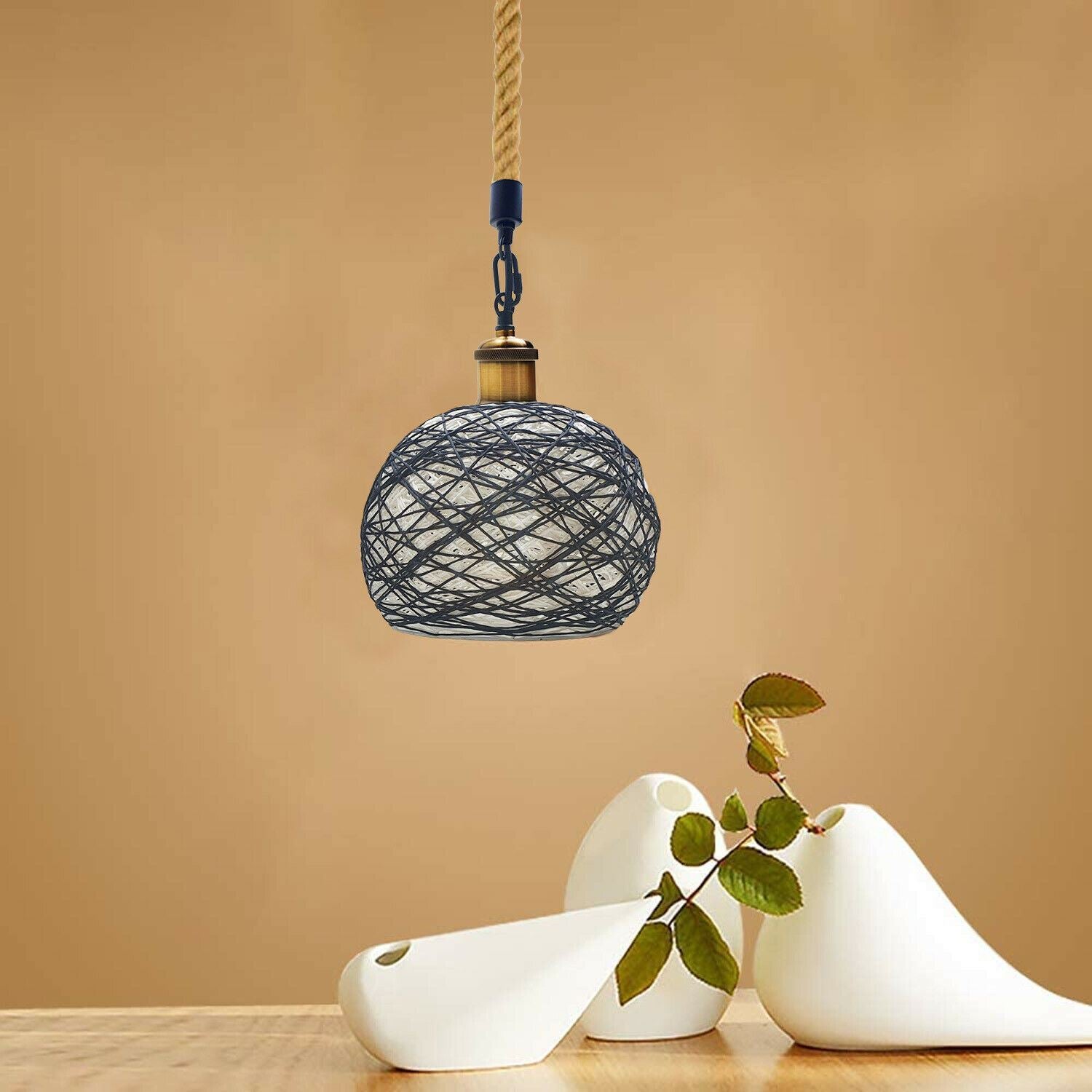 Rattan Ceiling Hanging Light & Hemp Rope Pendant Lamp Shade