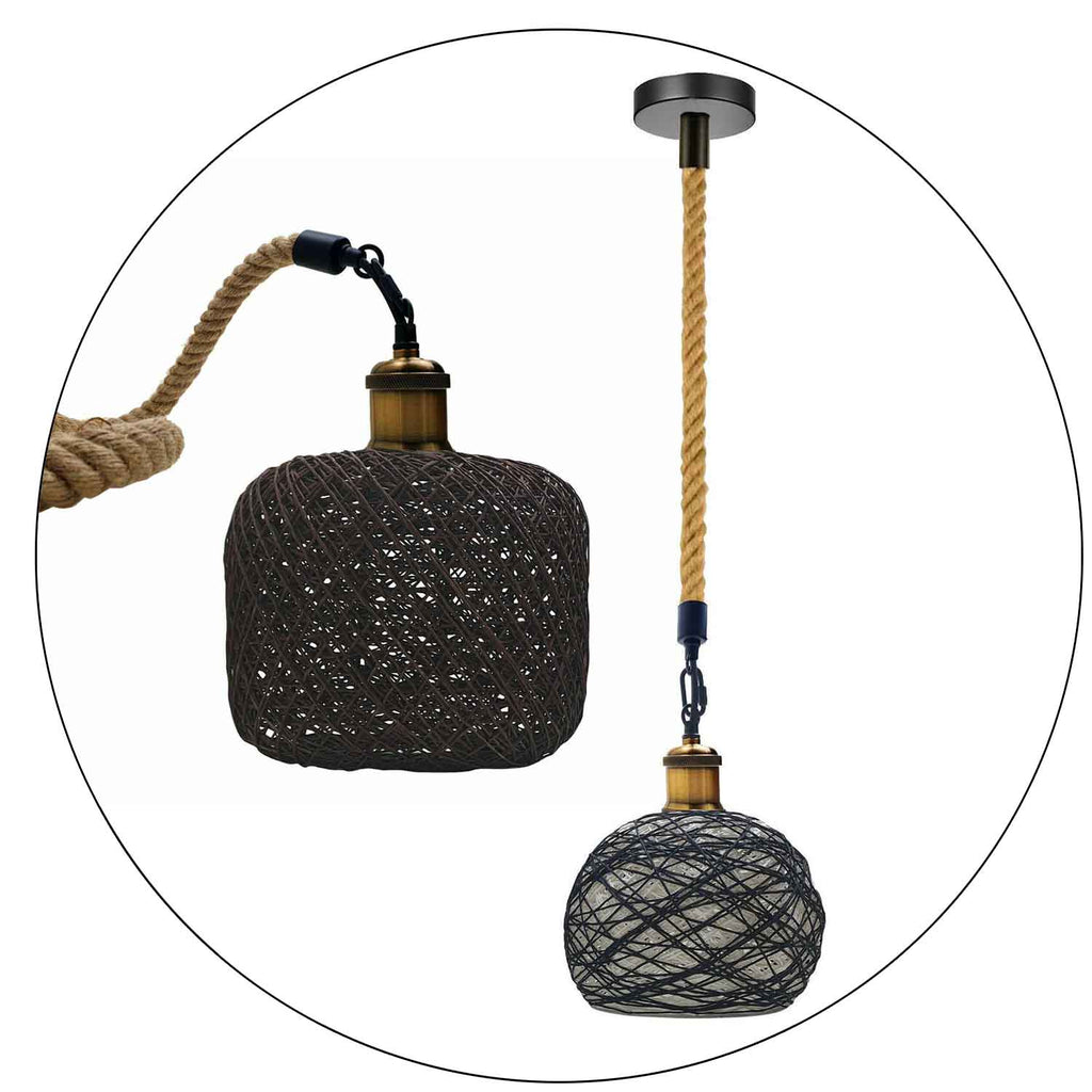 Rattan Ceiling Hanging Light & Hemp Rope Pendant Lamp Shade