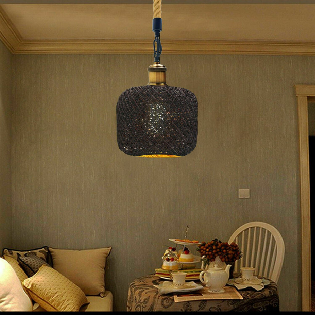 Rattan Ceiling Hanging Light & Hemp Rope Pendant Lamp Shade